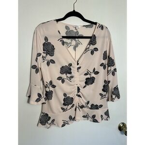 Candie's XL Pink Floral Blouse Ruched Front V-Neck Bell Sleeve Peplum Top